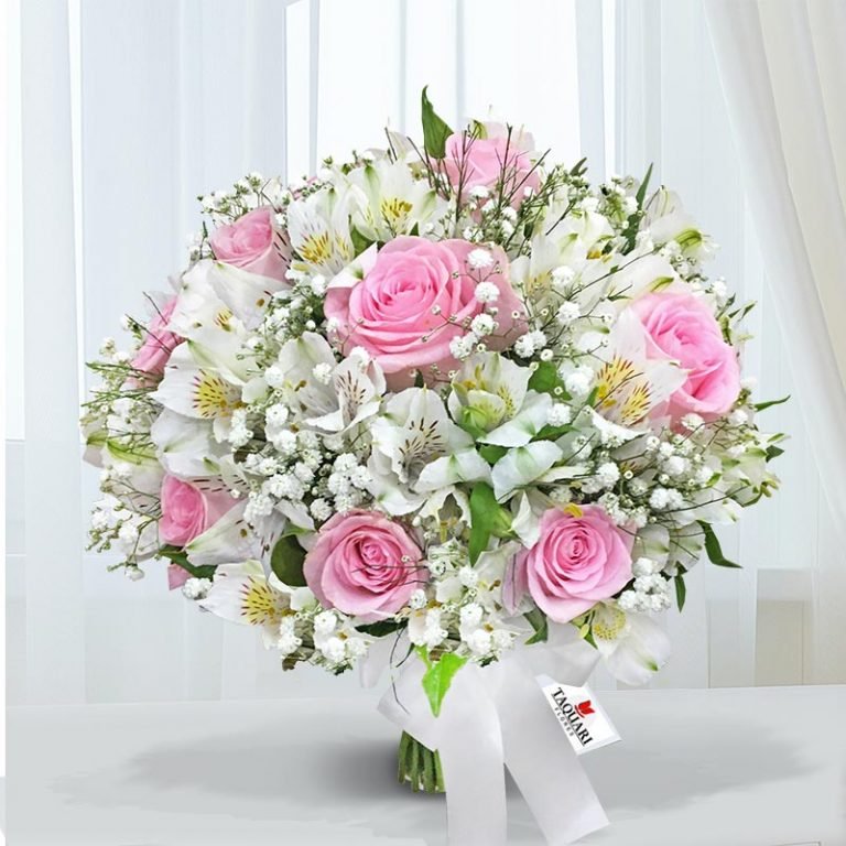Buque Rosa Buquê de Noiva Redondo com Rosas Brancas e Cor de Rosa