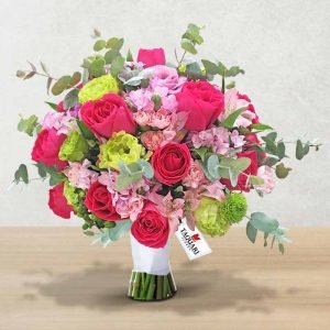 Buquê de Noiva Redondo Com Flores Pink Rosa e Verde