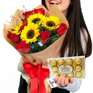 Buquê Rosas e Girassóis com Ferrero – Sunrise